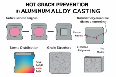 An educational diagram illustrating the stages of aluminum alloy casting, highlighting areas prone to hot cracks, stress distribution, and grain structure. It shows the transition from molten metal to solidified casting, with attention to vulnerable regions such as sharp corners and varying thickness sections.
